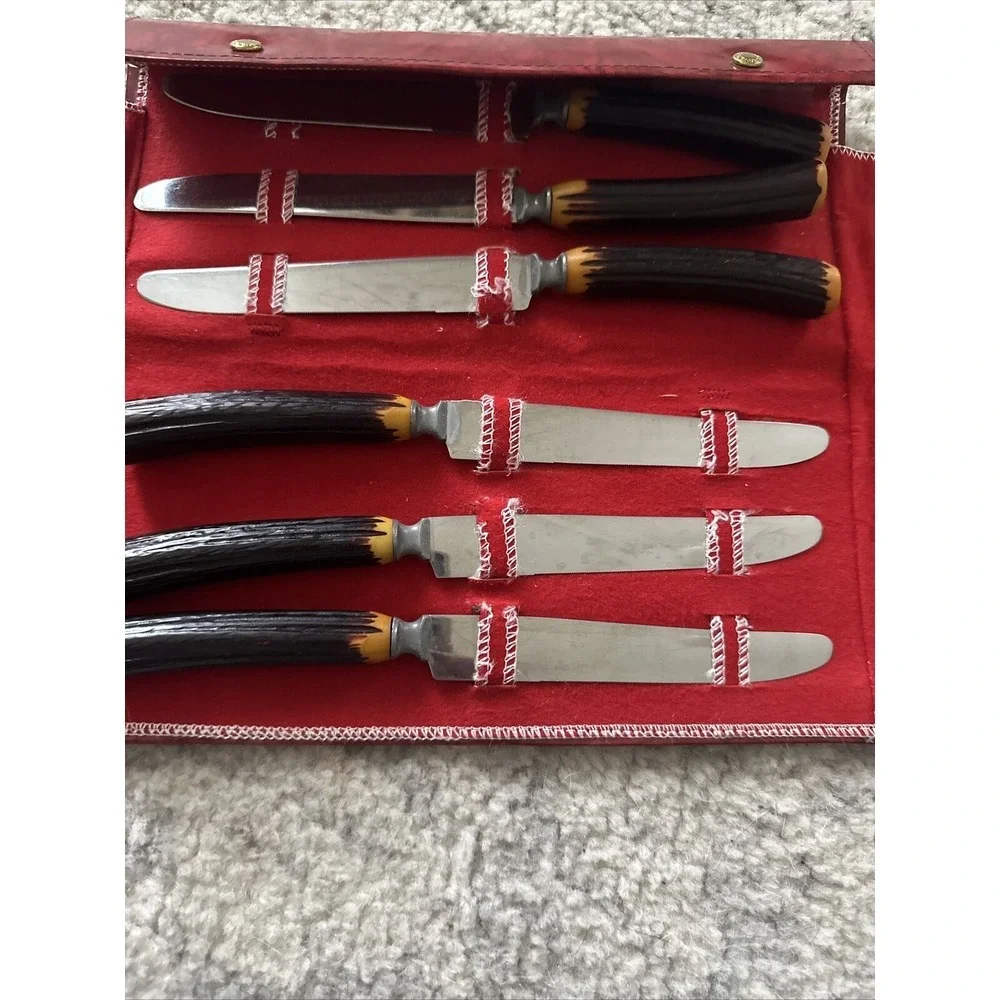 The BURNS Mfg. Co. 6 Steak Knife‎ Set in Leatherette Case & Faux Stag Handles